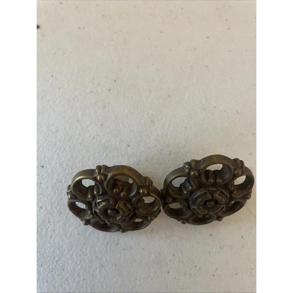 Vintage Ornate Brass Floral Cabinet Knobs Pair 1.5 Inches Pierced Filigree